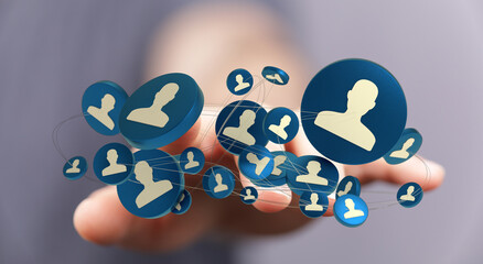 Hand holding a network of connected profile icons, representing social media, business connections,...