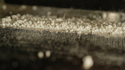 Drugs cocaine or oxy substances abuse and addiction. Hard illegal drugs. Preparing strips of white powder to blow. Drugs trafficking. Opioid crisis and opiates epidemic. Painkillers medications abuse.