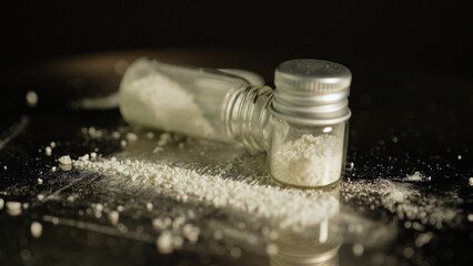 Illegal drug in powder in glass vial, substances abuse. Opioids and fentanyl crisis. Drug heroin, or crushed oxycodone packed in the bottle. Addicted people using for snorting.