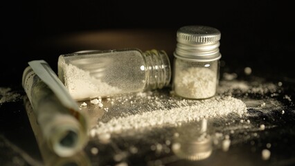 Closeup of a line of cocaine being snorted off. With a straw made of hundred US dollar bill. The oxycodone and amphetamines opioid epidemic and crises in America. Substance abuse and addiction.