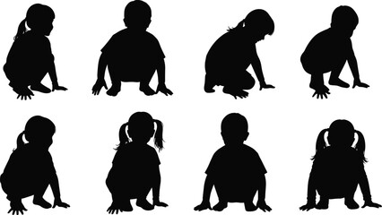 Silhouette of children sitting on ground, kids in relaxed poses, black vector illustration for design, education and activity concept