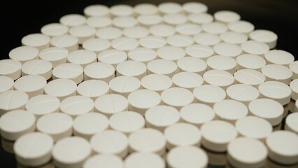 Powder drugs pressed in pills shape Stash of Oxy, Meth, Fentanyl or synthetic opioid drugs, seized by police or security, illegal drugs trafficking.