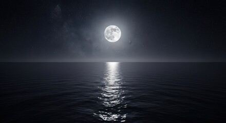 Obraz premium Bright full moon illuminates calm dark ocean, reflecting light under a vast starry night