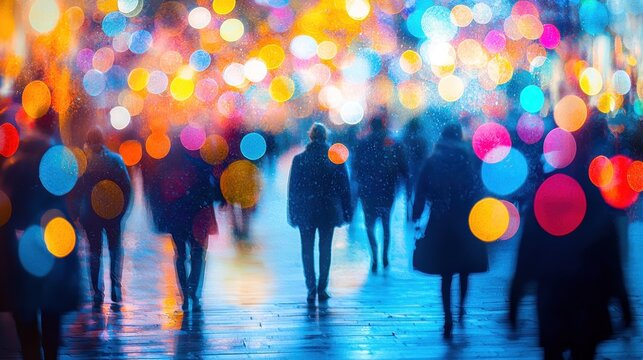 Blurred people walk on a wet city street, illuminated by vibrant, abstract bokeh lights