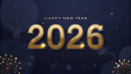Golden year two thousand twenty six with fireworks on a dark blue background design