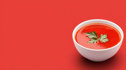 Vibrant bowl of tomato soup garnished with fresh herbs, set against bold red background, evokes warmth and comfort