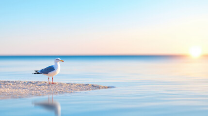 Serene seagull stands on sandy beach at sunset, reflecting calm waters and pastel sky. tranquil scene evokes peace and beauty