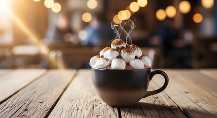 A cozy mug of steaming hot chocolate topped with fluffy marshmallows and a dusting of cocoa powder, set on a rustic wooden table in a warmly lit café, perfect for a comforting winter treat.

