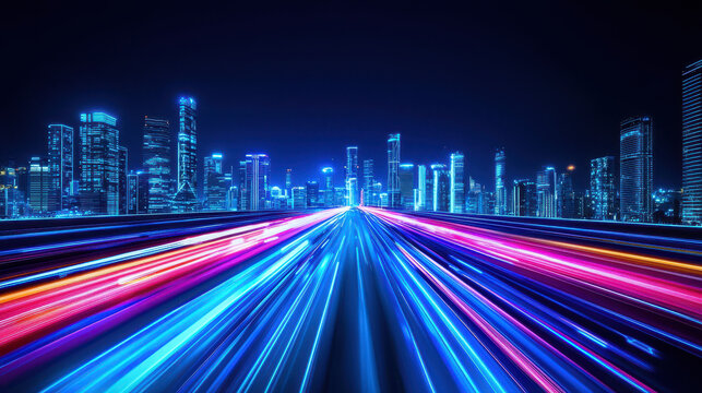 Vibrant city skyline illuminated by neon lights, showcasing dynamic light trails from moving vehicles. scene captures essence of urban energy
