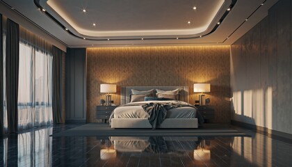 Modern bedroom interior with wood paneling