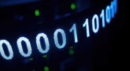 Curved display of glowing blue binary digits (0s and 1s) on dark technical background