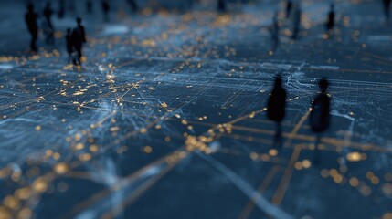 Digital city map with glowing lines and blurred silhouettes, representing urban network connectivity and modern city life.