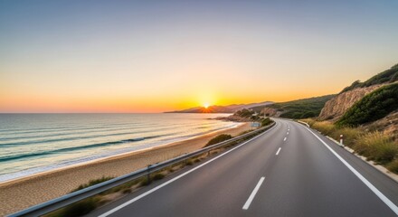 Curving coastal road beside a sunlit sandy beach and tranquil ocean at sunset