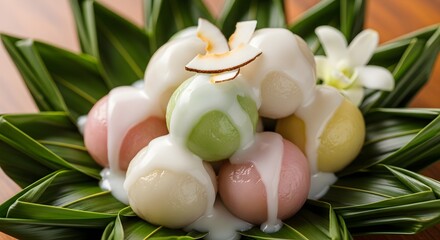 A decorative bowl of colorful Thai coconut rice balls topped with creamy coconut sauce and garnished with coconut flakes and a flower, beautifully arranged on green leaves for an exotic dessert presen