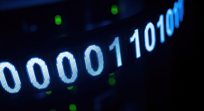Curved display of glowing blue binary digits (0s and 1s) on dark technical background