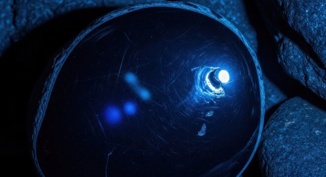Dark, reflective object with a piercing light source and blue flares inside, nestled in rock