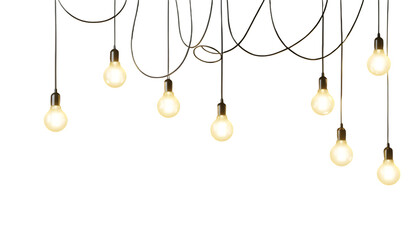Illuminated hanging light bulbs with warm glow on transparent background