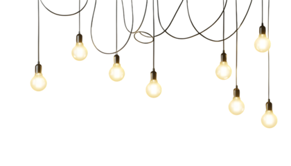 Illuminated hanging light bulbs with warm glow on transparent background