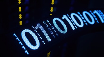 Digital display showing bright blue binary code (0s and 1s) in a dark server room