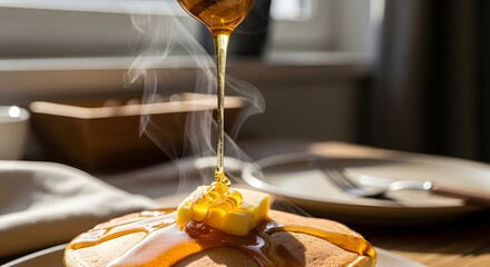 A stack of fluffy pancakes topped with a melting pat of butter and a generous drizzle of golden syrup, steaming hot and beautifully presented for a comforting and classic breakfast experience.

