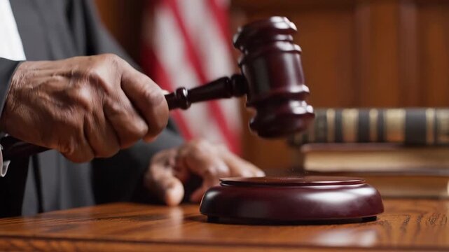 Judge Holding Gavel in Courtroom with Law Books and American Flags