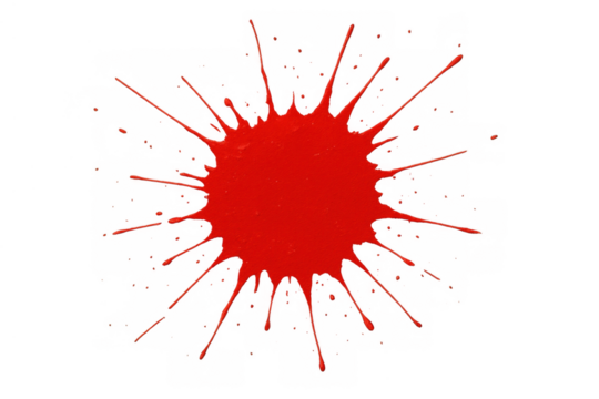 Abstract red paint splattering, forming an irregular liquid blot on a transparent background, perfect for graphic design