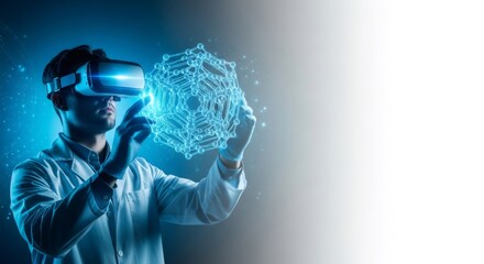 Man scientist with virtual reality headset touching 3D biopolymer model. Concept of future bioprinting technology innovation in life science.