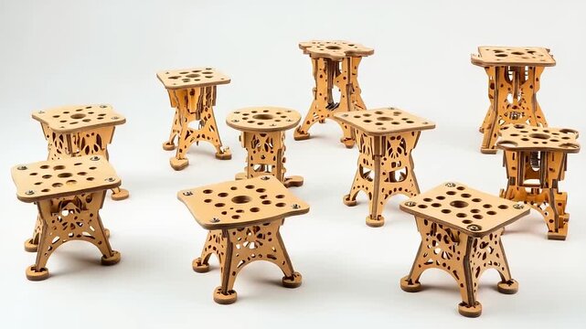 Collection of Wooden Laser Cut Miniature Stools on a Seamless White Background