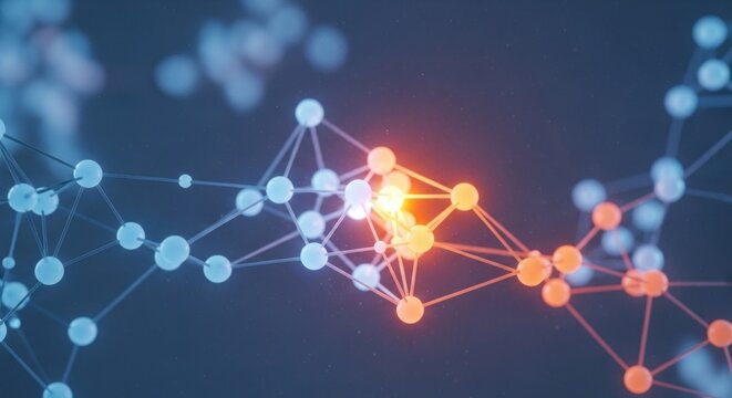 Dynamic abstract glowing network of interconnected spheres, blue to orange gradient - Powered by Adobe