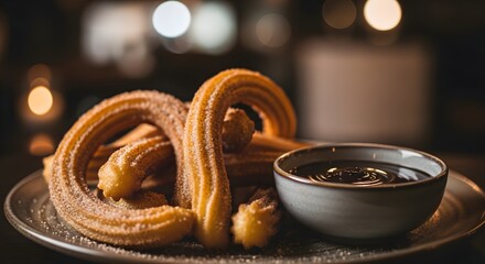A plate of golden churros dusted with cinnamon sugar, served with a bowl of rich chocolate dipping sauce, beautifully presented in a warm, inviting setting for a classic Spanish dessert experience.

