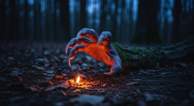 Eerie, moss-covered hand with sharp claws emerges from ground, glowing above a spark