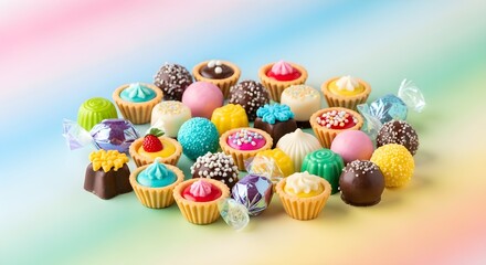 A delightful collection of assorted mini sweets, candies, and tarts in vibrant colors and playful shapes, beautifully arranged on a pastel rainbow background for a festive and cheerful dessert display