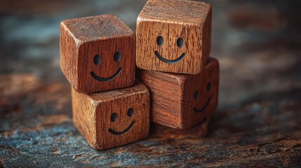 Four wooden blocks with black smiley faces stacked on a dark textured surface
