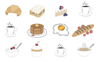 Breakfast food icons collection with coffee and pastries
