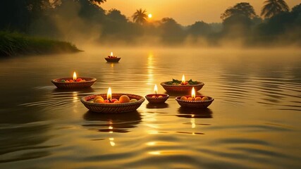 Chhath Puja Ritual: Close-up of Sacred Thali with Fruits and Offering to the Rising Sun