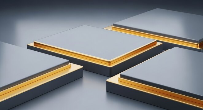 Four shiny grey square components with golden bases arranged on a dark reflective surface