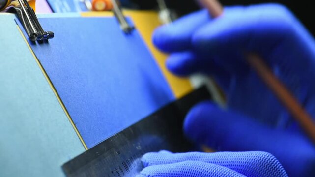 drawing lines with a pencil, holding a ruler and a pen in hand, creative process, close-up, blue background.
