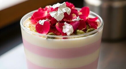 A stunning layered dessert in a glass, alternating pink and white creamy layers, topped with rose petals, pistachios, and edible silver leaf for an elegant, aromatic, and visually captivating sweet tr