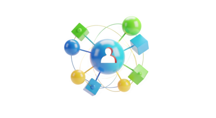 Abstract network of interconnected colorful geometric shapes and a central human silhouette isolated on transparent background
