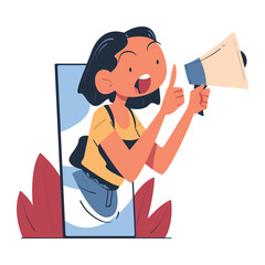 Woman with Megaphone Look Out from Smartphone Screen Vector Illustration
