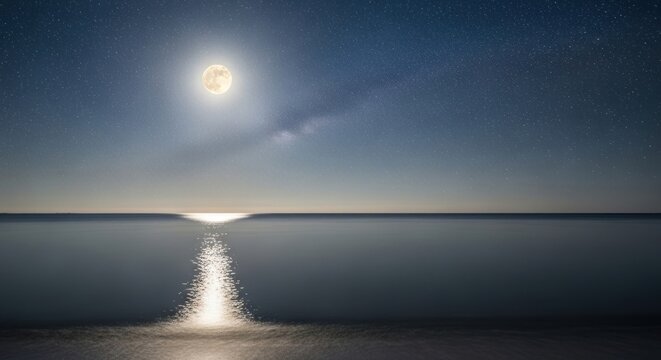 Full moon illuminating a calm ocean surface under a starry night sky with milky way