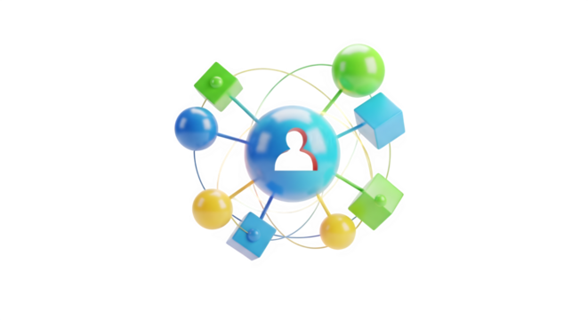 Abstract network of interconnected colorful geometric shapes and a central human silhouette isolated on transparent background