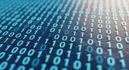 Glowing blue binary digits (0s and 1s) arrayed on a dark, intricate circuit board