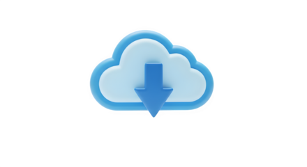 Blue cloud icon with downward arrow symbol isolated on transparent background