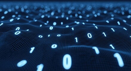 Glowing binary digits (0s and 1s) on a dark blue undulating digital data surface
