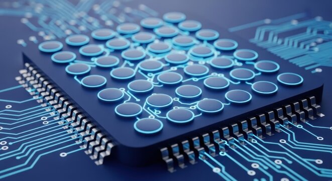 Futuristic microchip with glowing blue neural connections on a digital circuit board - Powered by Adobe