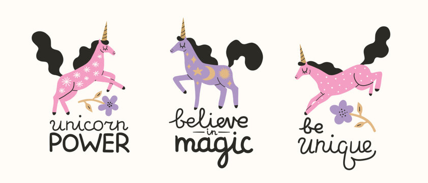 Unicorn power. Believe in magic. Be unique. Text hand drawn lettering quote and little horse with horn art, unicorns theme. Motivational quote typography set for print, postcard, mug, poster, t-shirt