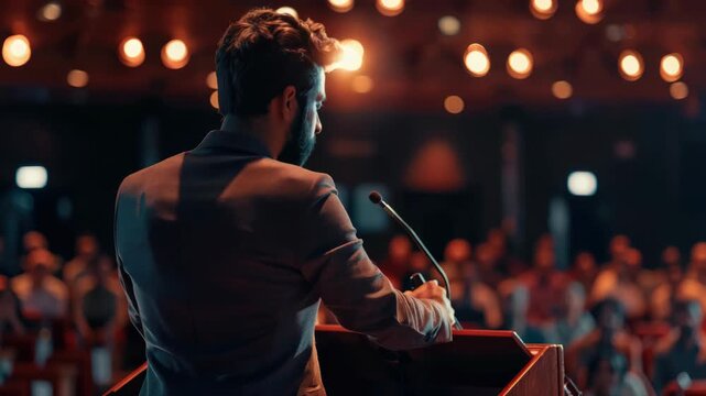 Man giving a speech in front of an audience