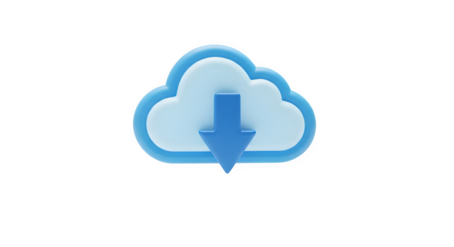 Blue cloud icon with downward arrow symbol isolated on transparent background