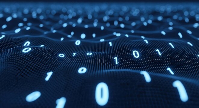 Glowing binary digits (0s and 1s) on a dark blue undulating digital data surface